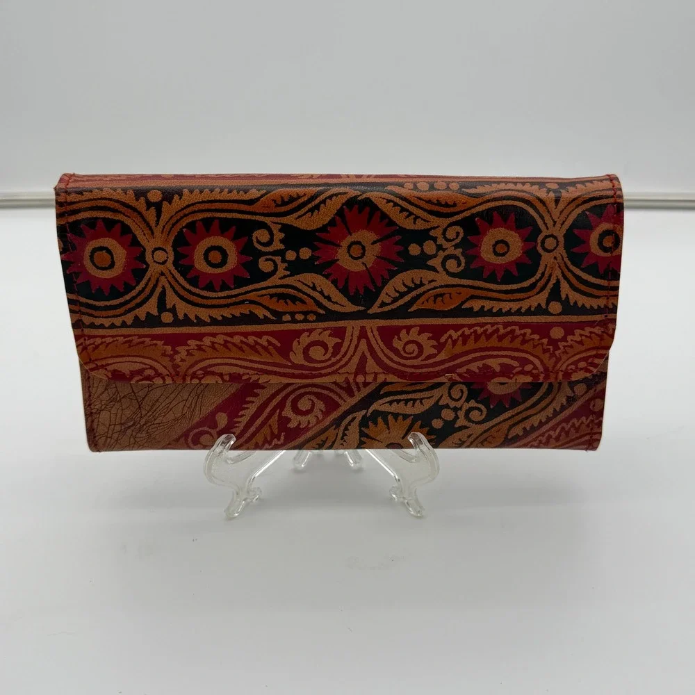 Vintage Hand Tooled Leather Paisley Mandala Clutch Wallet Boho Red Brown 8 Inch